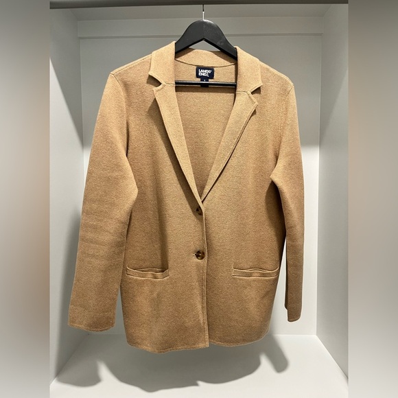 Lands' End fine gauge cotton button Sweater Blazer in Vicuña Heather S (4/6) - Picture 1 of 8